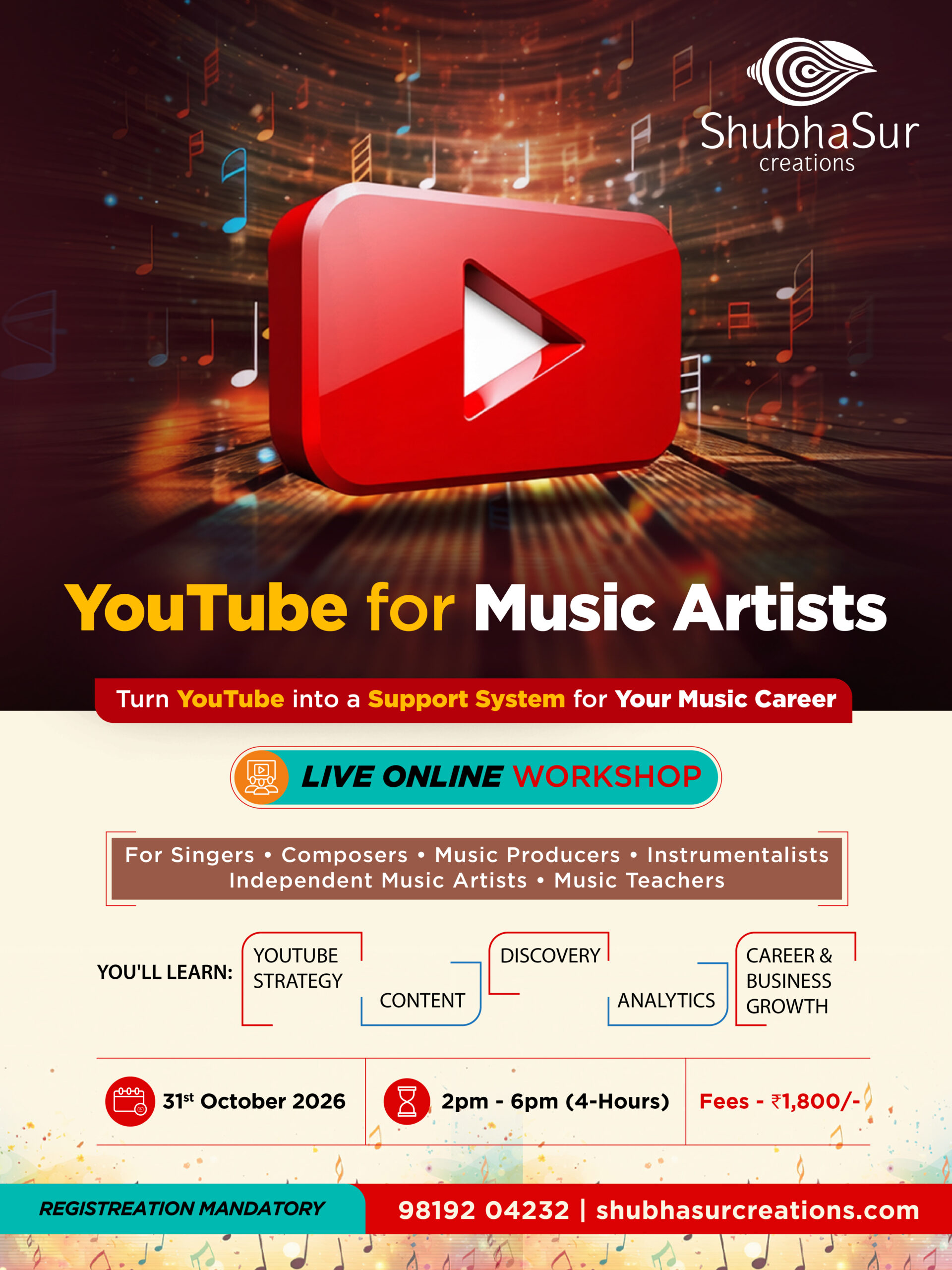 YouTube for Music Artists - ShubhaSur Creations live online workshop poster